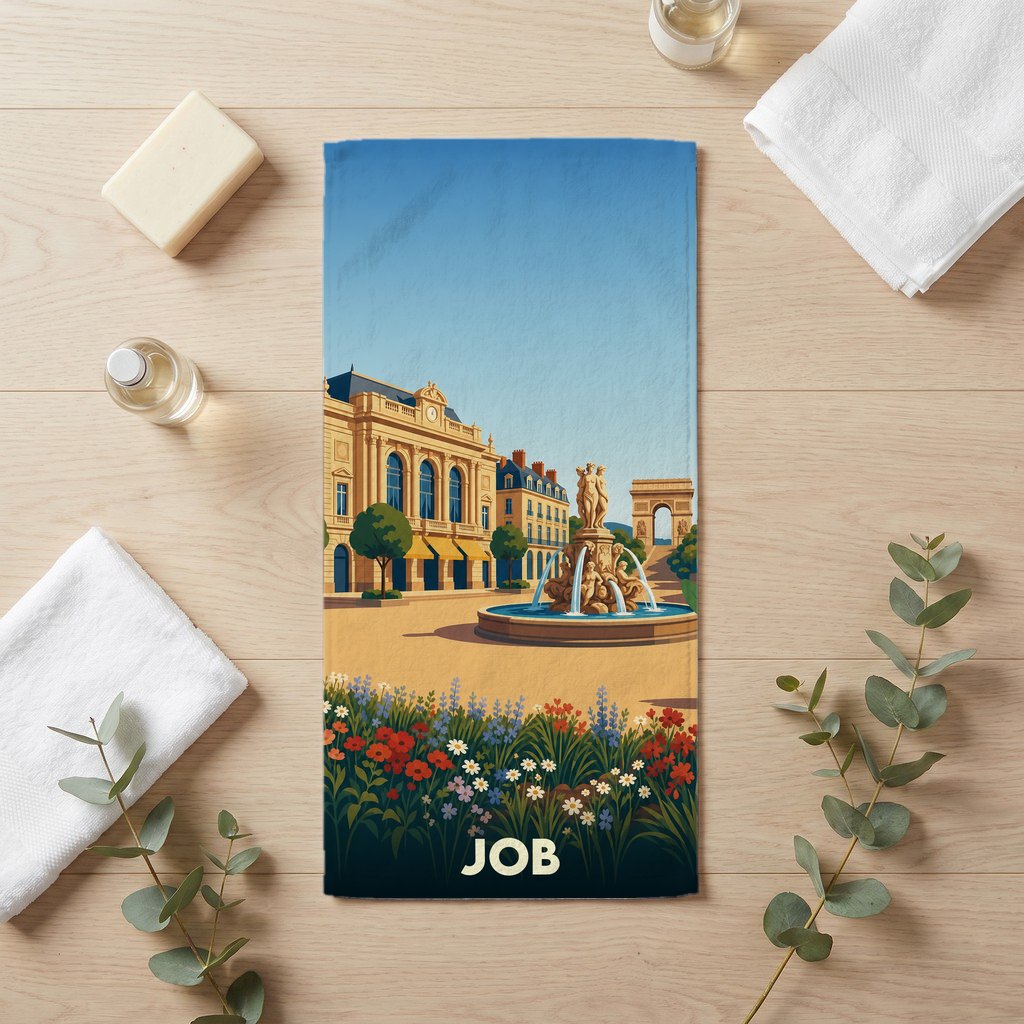 Serviette de bain souvenir de la ville de Job illustrée d'une place animée avec fontaine et monuments.