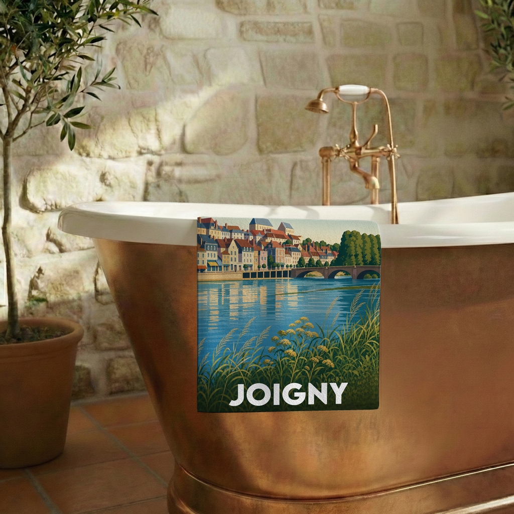Serviette de bain souvenir de la ville de Joigny avec une illustration stylisée des bords de l'Yonne.