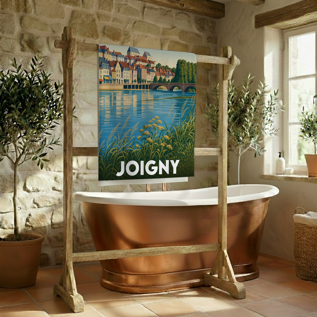 Serviette de bain souvenir de la ville de Joigny avec une illustration stylisée des bords de l'Yonne.