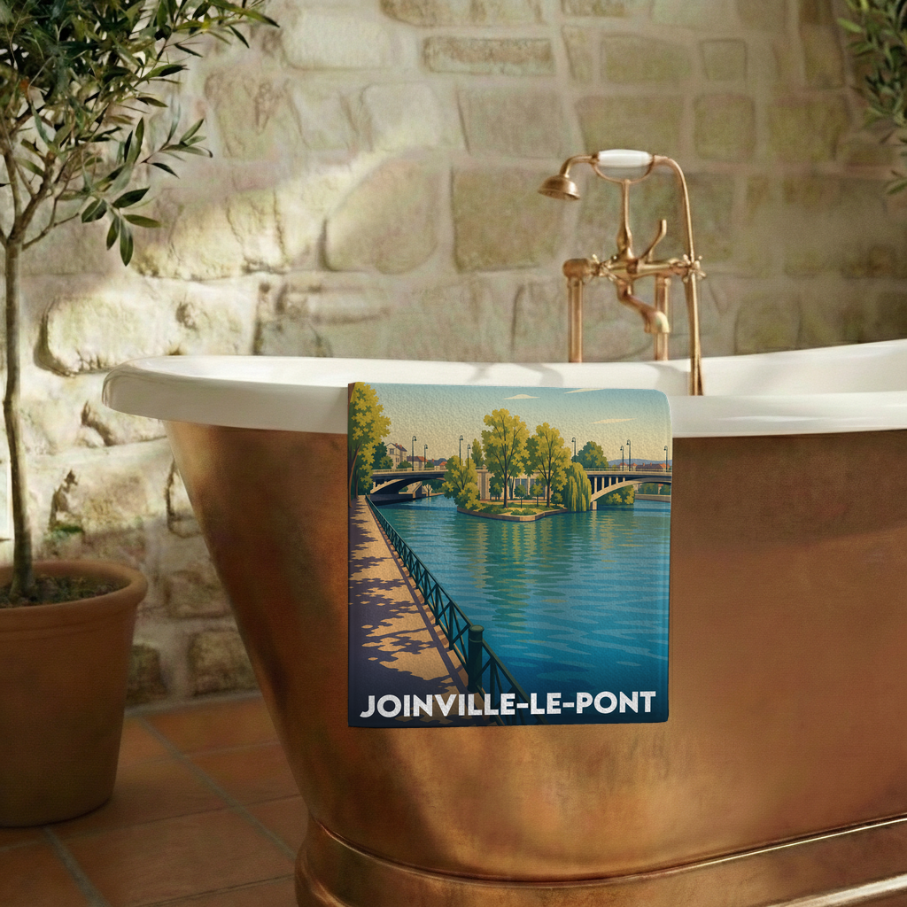 Serviette de bain souvenir de la ville de Joinville-le-Pont avec une illustration stylisée.