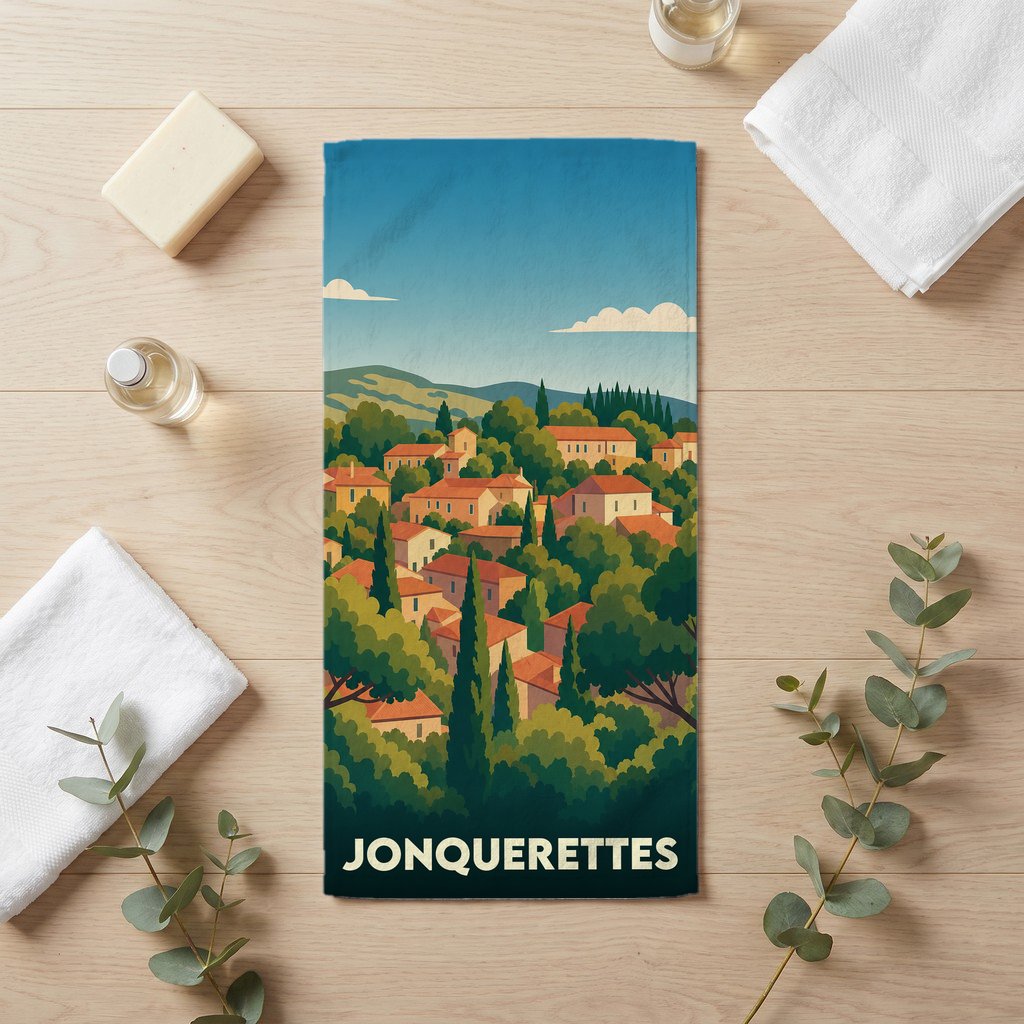 Serviette de bain souvenir de la ville de Jonquerettes avec une illustration stylisée de paysages provençaux.