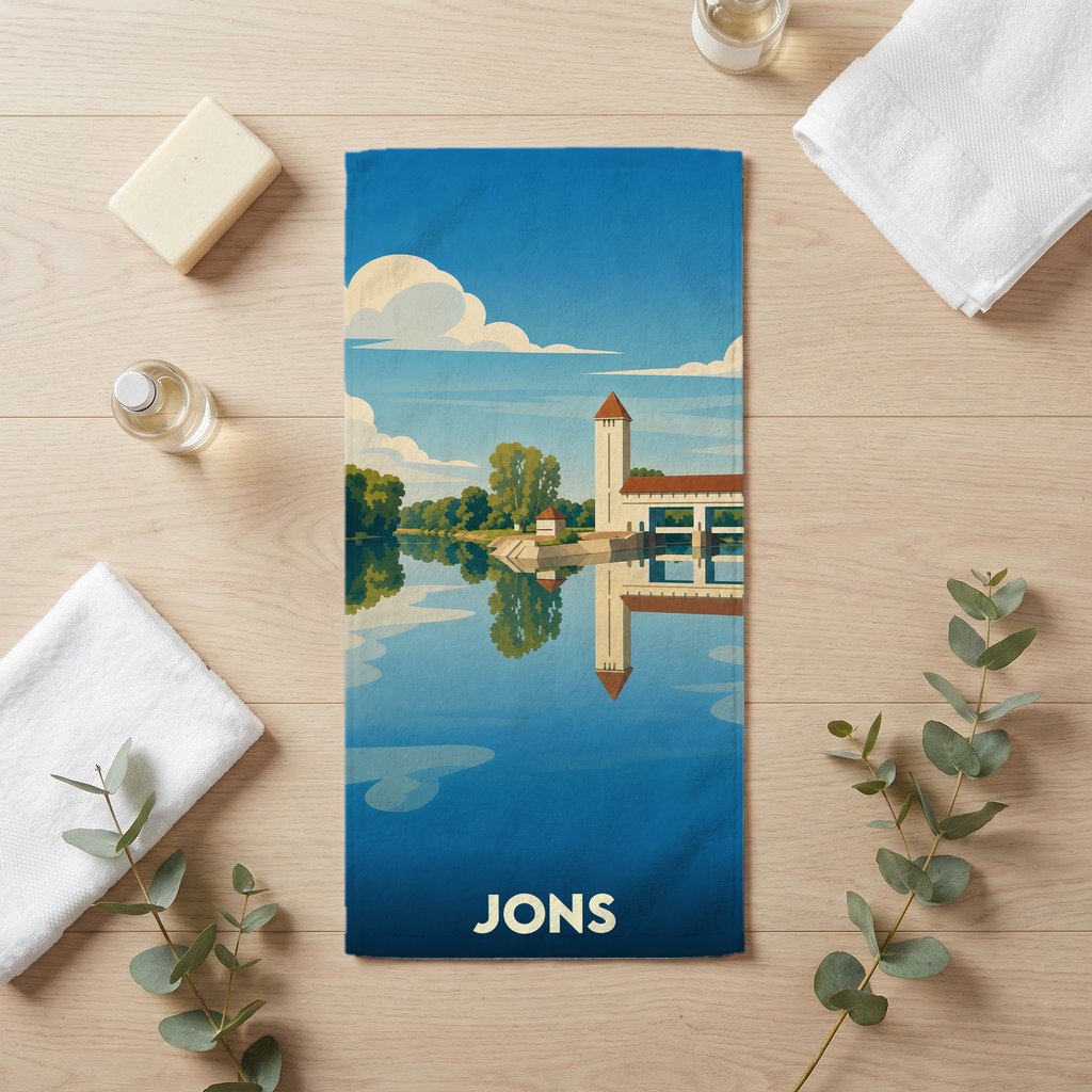 Serviette de bain souvenir de la ville de Jons avec une illustration stylisée des bords du Rhône.