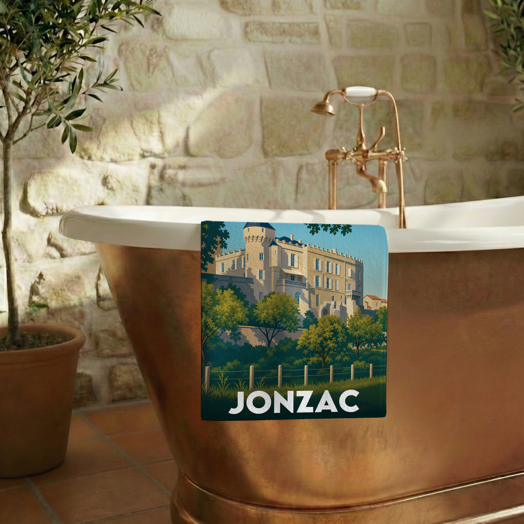 Serviette de bain souvenir de la ville de Jonzac ornée d'une illustration stylisée de son château.