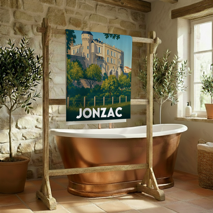 Serviette de bain souvenir de la ville de Jonzac avec une illustration stylisée de son château.