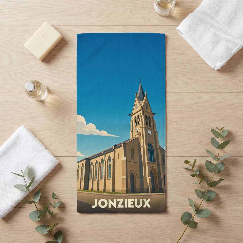 Serviette de bain souvenir de la ville de Jonzieux avec une illustration stylisée de son église.