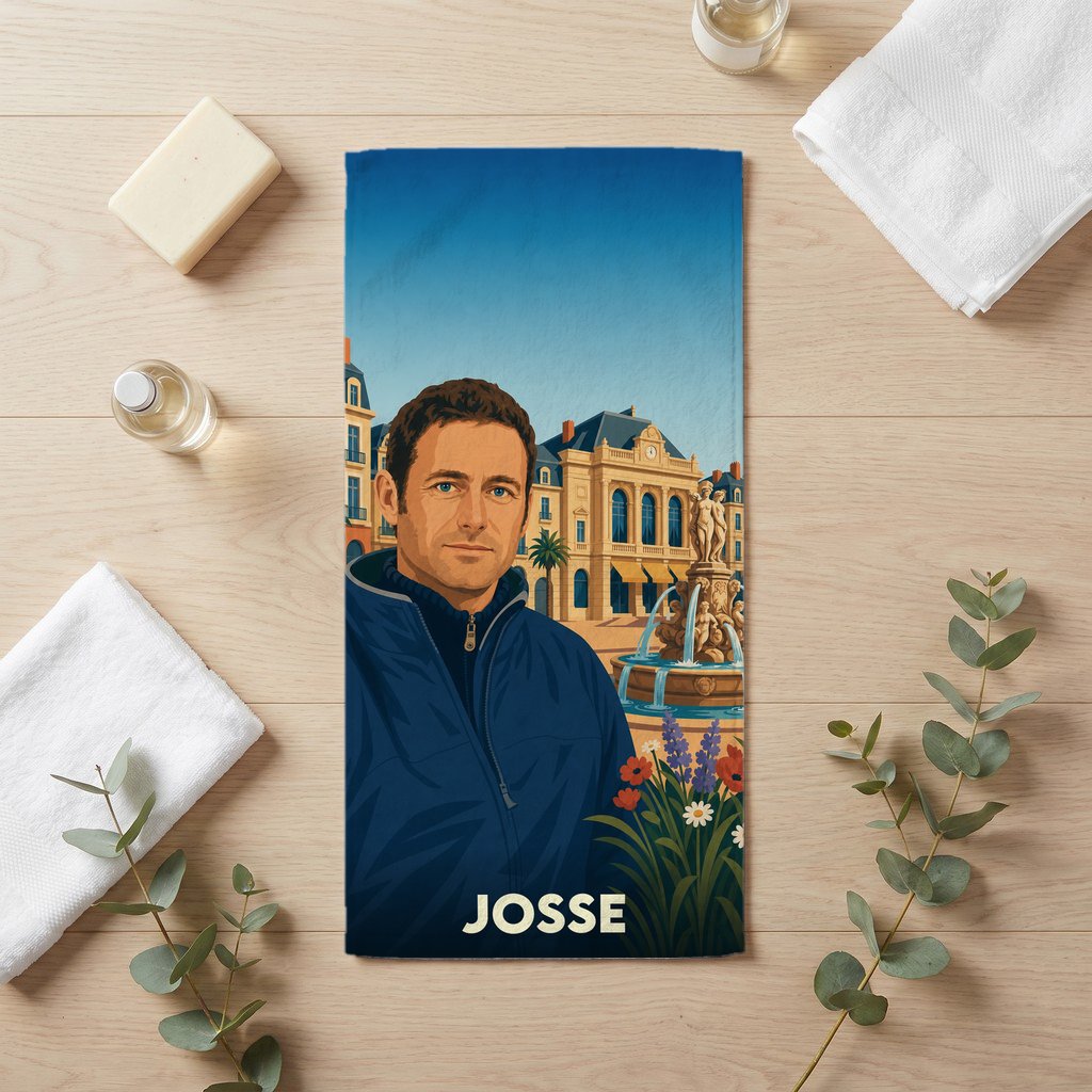 Serviette de bain souvenir de la ville de Josse avec une illustration stylisée.