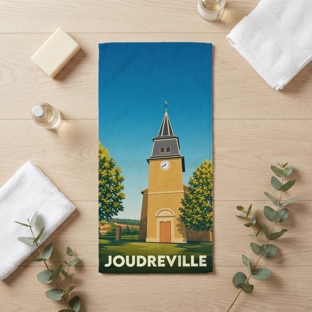 Serviette de bain souvenir de la ville de Joudreville avec une illustration stylisée de son église.