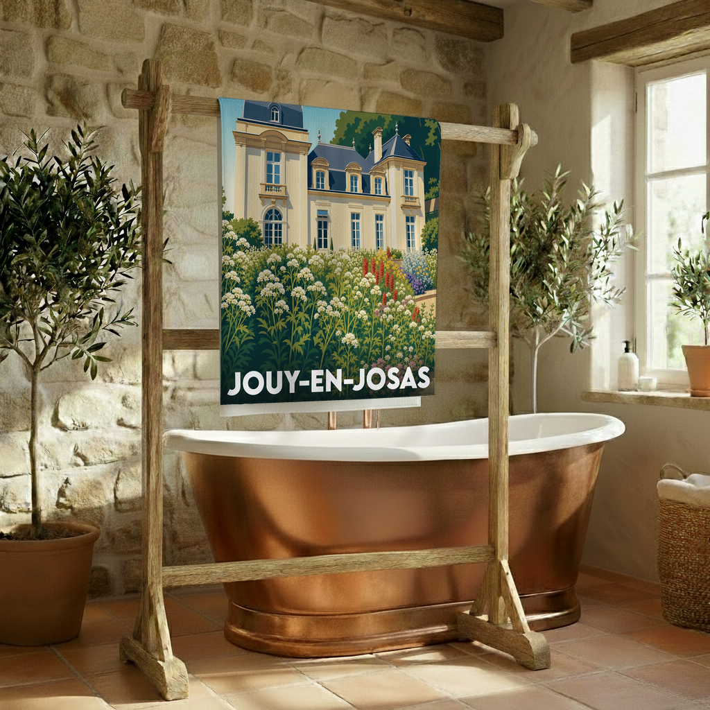 Serviette de bain souvenir de la ville de Jouy-en-Josas avec une illustration stylisée d'un château et de son jardin fleuri.