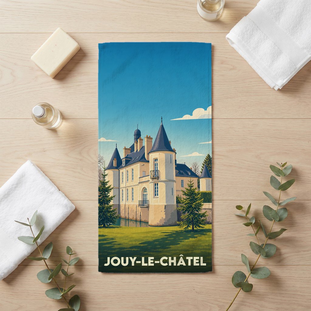Serviette de bain souvenir de la ville de Jouy-le-Châtel avec une illustration stylisée de son château.