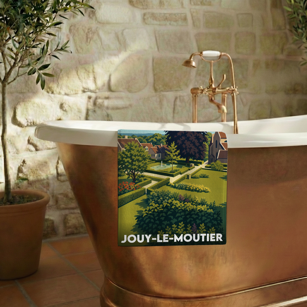 Serviette de bain souvenir de la ville de Jouy-le-Moutier avec une illustration stylisée.