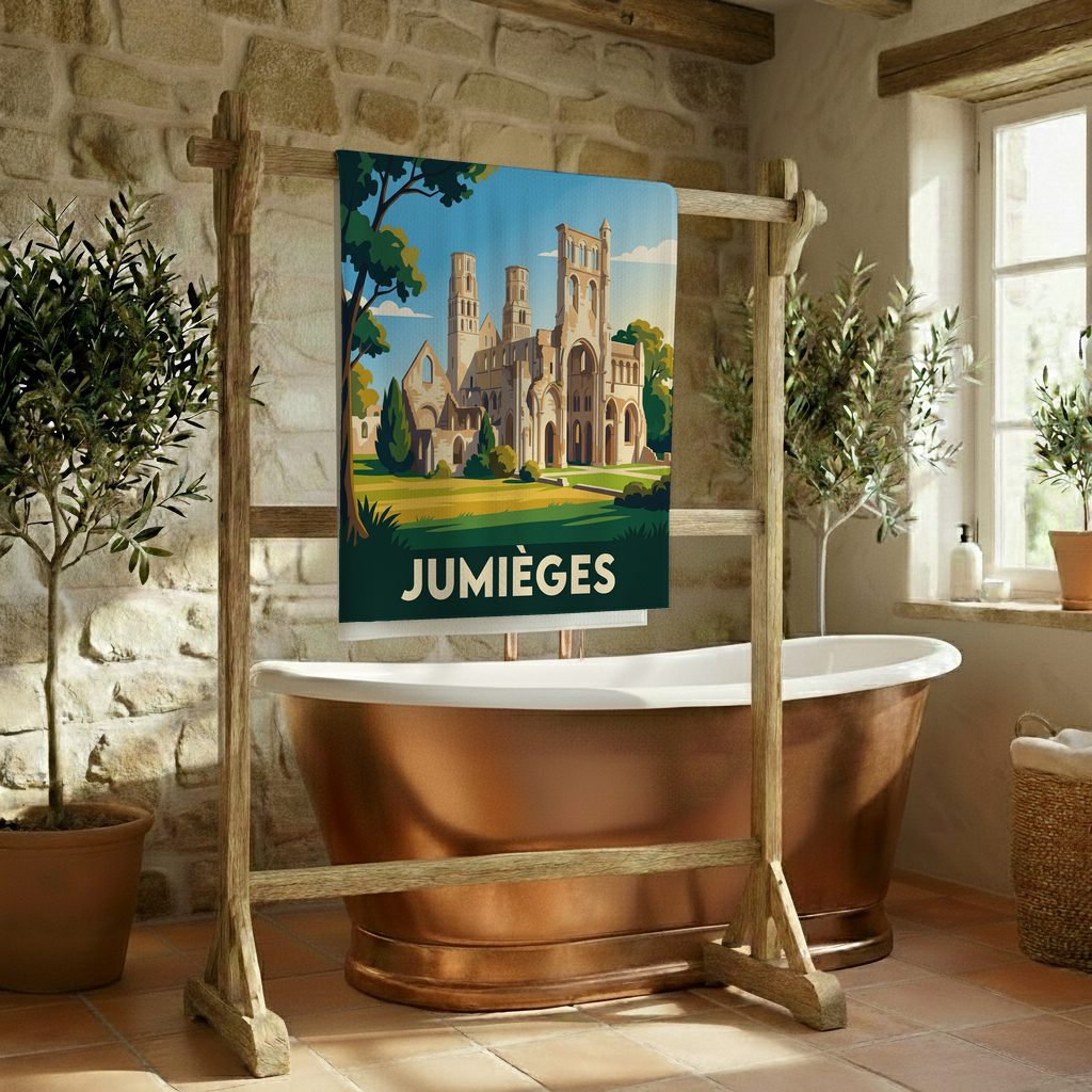 Serviette de bain souvenir de la ville de Jumièges avec une illustration stylisée de son abbaye.