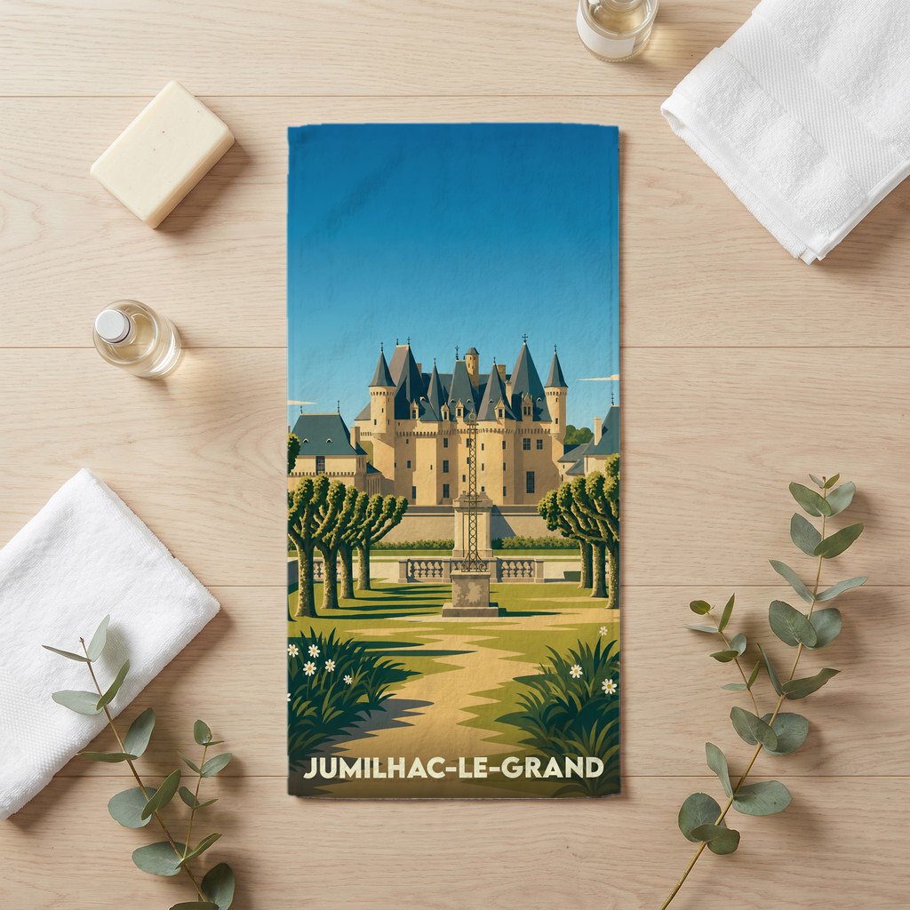 Serviette de bain souvenir de la ville de Jumilhac-le-Grand avec une illustration stylisée de son château.