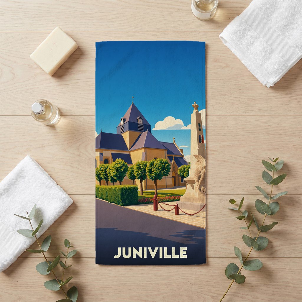 Serviette de bain souvenir de la ville de Juniville avec une illustration stylisée de son église et d'un monument.