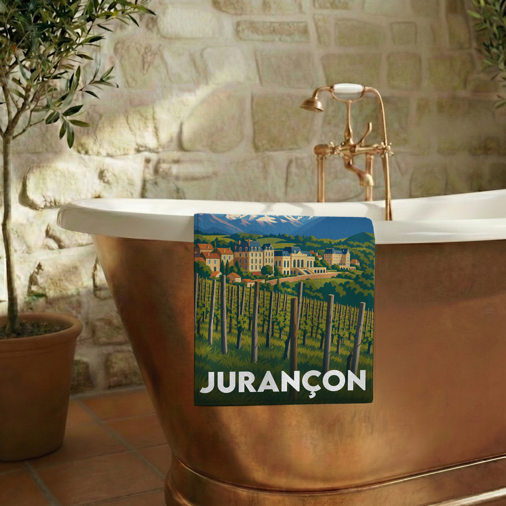 Serviette de bain souvenir de la ville de Jurançon avec une illustration stylisée de vignoble.