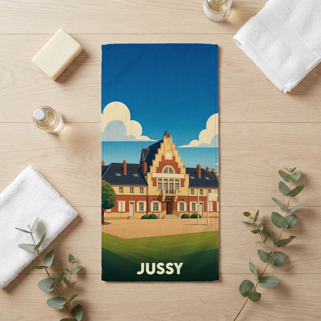Serviette de bain souvenir de la ville de Jussy avec une illustration stylisée de son architecture.