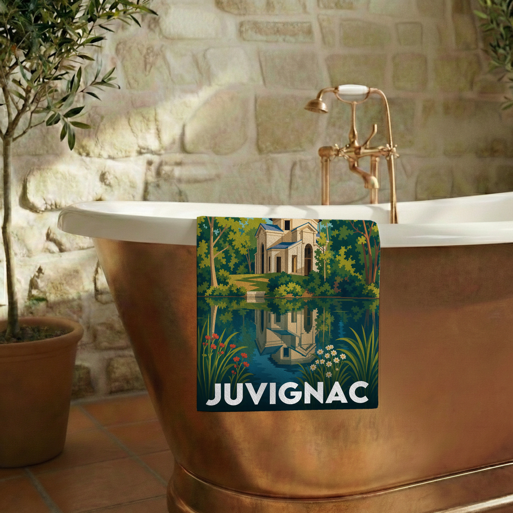 Serviette de bain souvenir de la ville de Juvignac avec une illustration stylisée.