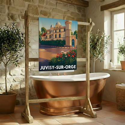 Serviette de bain souvenir de la ville de Juvisy-sur-Orge avec une illustration stylisée.