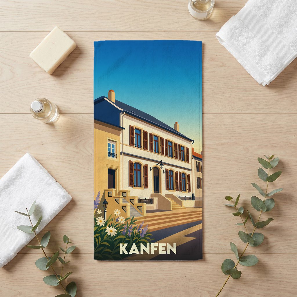 Serviette de bain souvenir de la ville de Kanfen avec une illustration stylisée.