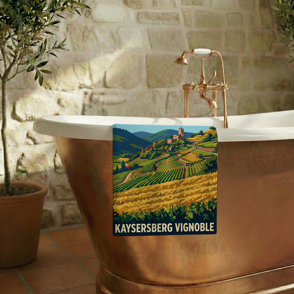 Serviette de bain souvenir de la ville de Kaysersberg Vignoble avec une illustration stylisée de ses paysages de vignes.