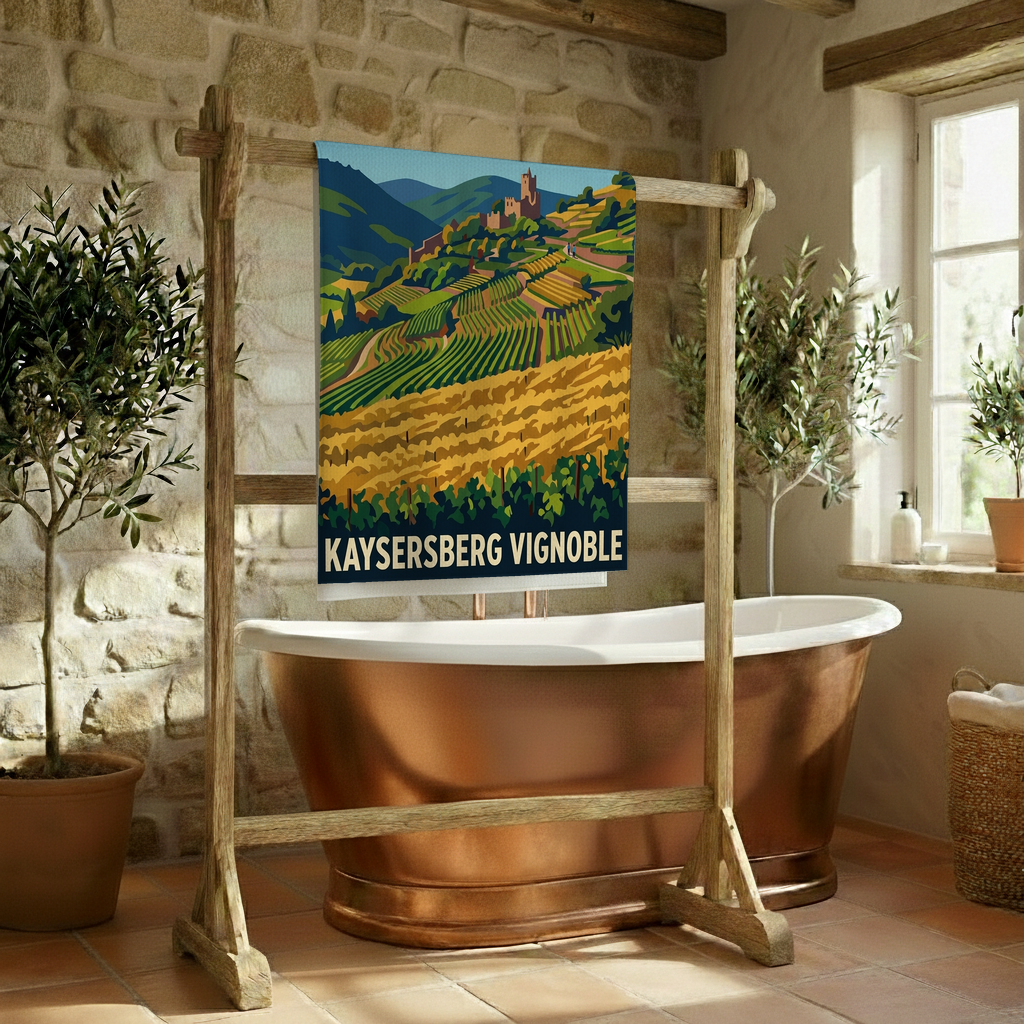 Serviette de bain souvenir de la ville de Kaysersberg Vignoble avec une illustration stylisée.