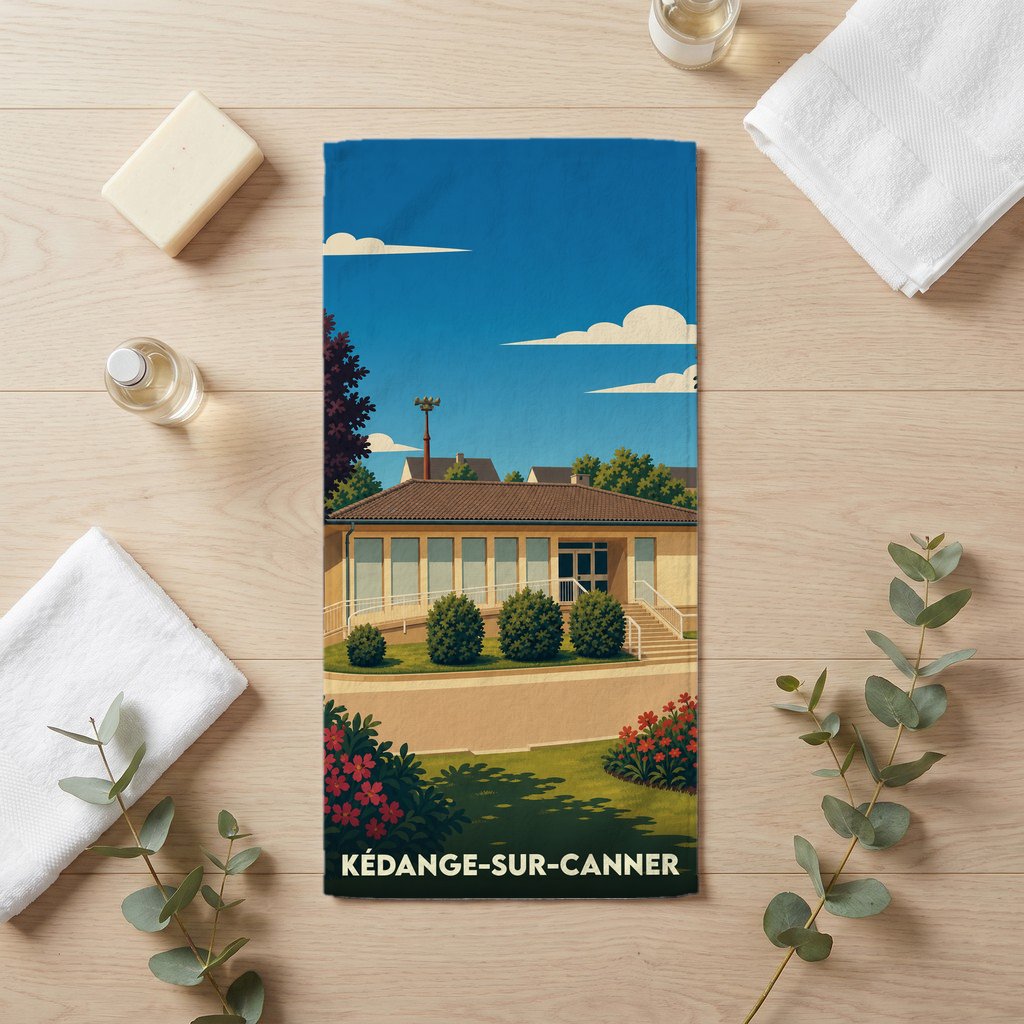 Serviette de bain souvenir de la ville de Kédange-sur-Canner avec une illustration stylisée d'un bâtiment local.