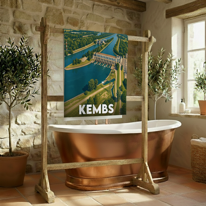 Serviette de bain souvenir de la ville de Kembs avec une illustration stylisée de son barrage.