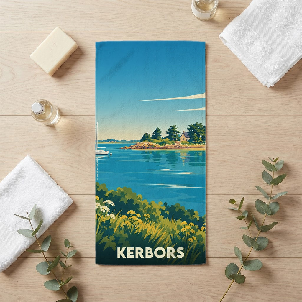 Serviette de bain souvenir de la ville de Kerbors avec une illustration stylisée de son paysage côtier.