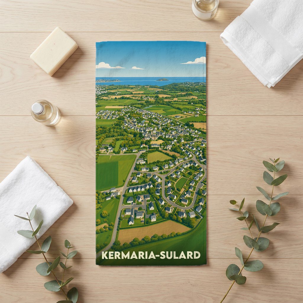 Serviette de bain souvenir de la ville de Kermaria-Sulard avec une illustration aérienne stylisée.