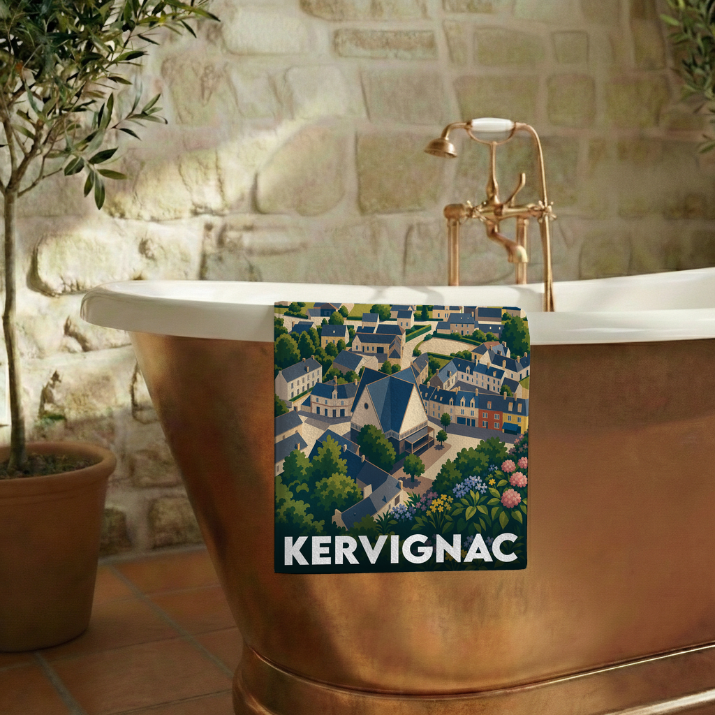 Serviette de bain souvenir de la ville de Kervignac avec une illustration stylisée.