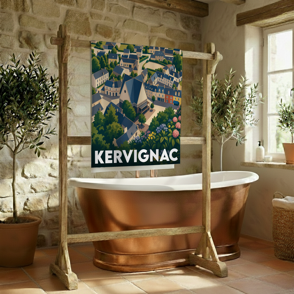 Serviette de bain souvenir de la ville de Kervignac avec une illustration stylisée.