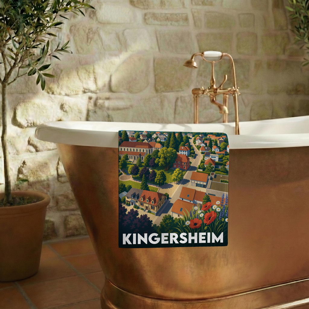 Serviette de bain souvenir de la ville de Kingersheim ornée d'une illustration colorée et stylisée.