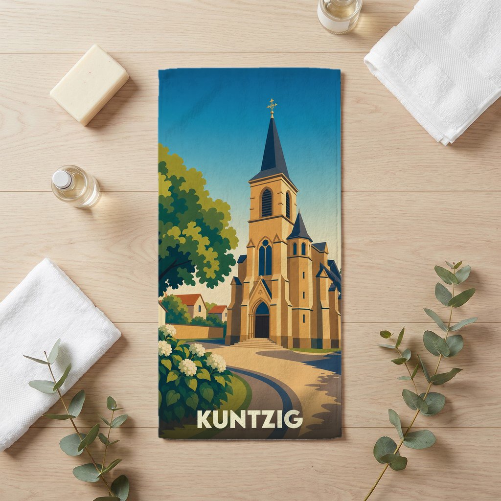 Serviette de bain souvenir de la ville de Kuntzig avec une illustration stylisée de son église.
