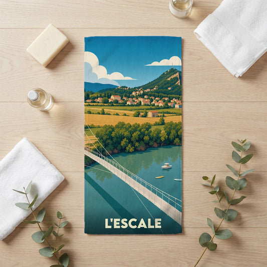 Serviette de bain souvenir de la ville de L'Escale avec une illustration stylisée d'un pont suspendu sur la Durance.