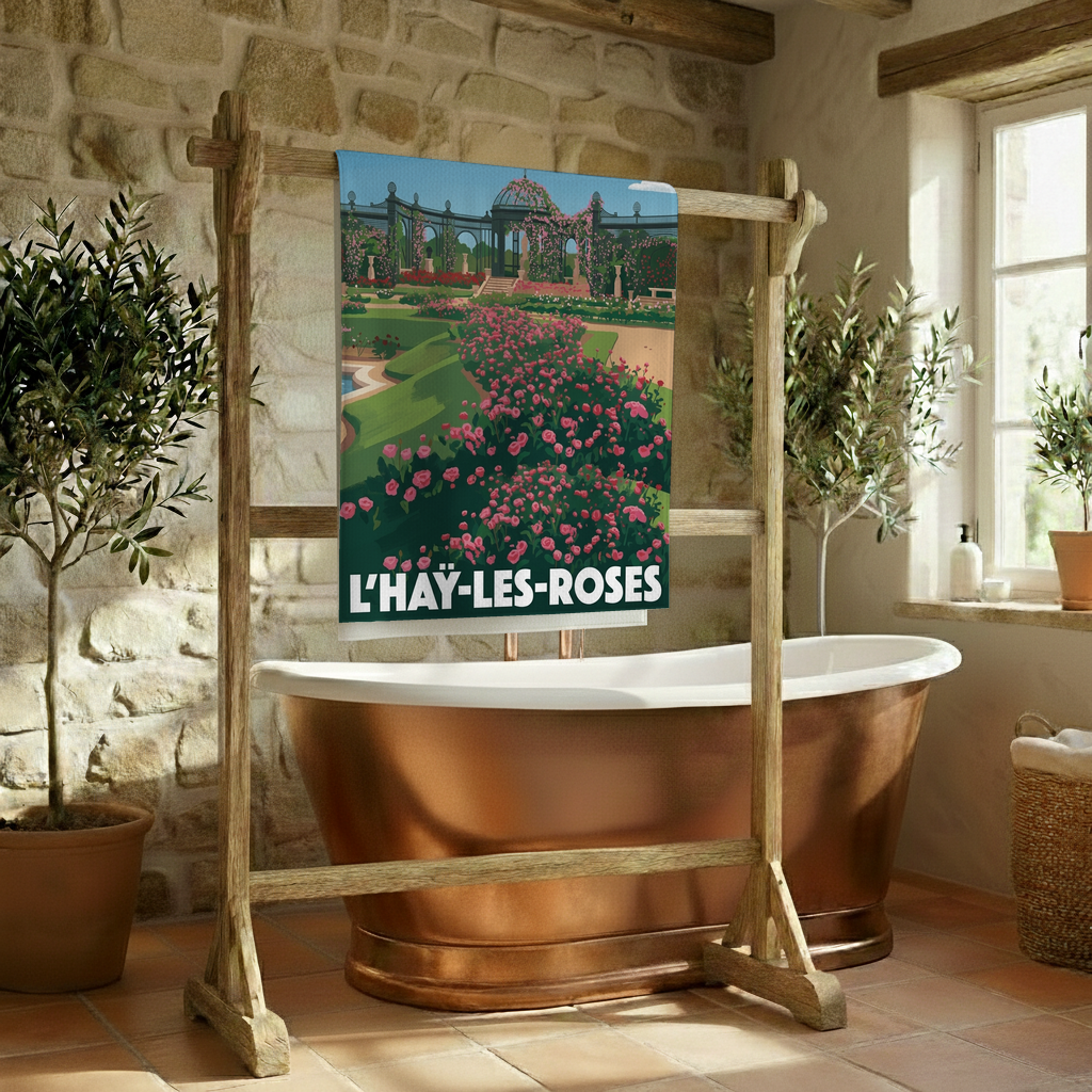Serviette de bain souvenir de la ville de L'Haÿ-les-Roses avec une illustration stylisée de sa roseraie.