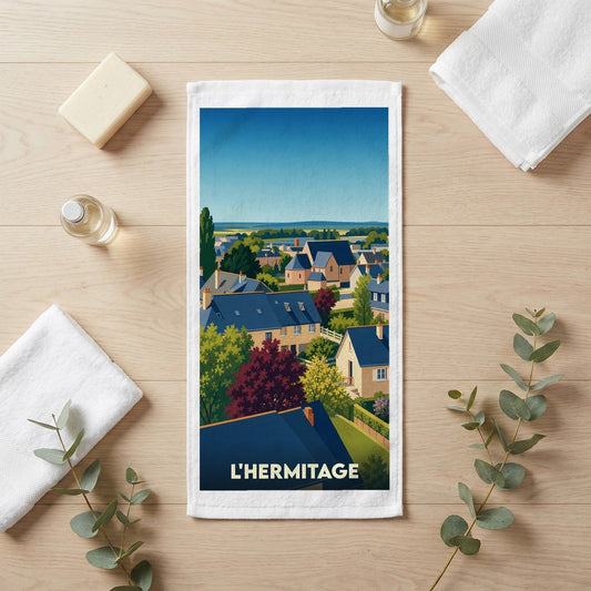 Serviette de bain souvenir de la ville de L'Hermitage avec une illustration stylisée d'un paysage urbain.