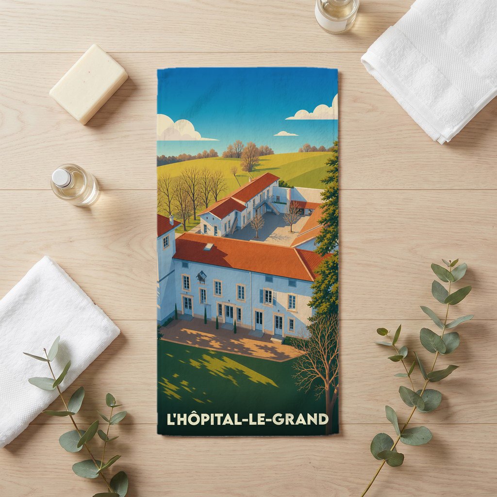 Serviette de bain souvenir de la ville de L'Hôpital-le-Grand avec une illustration stylisée.