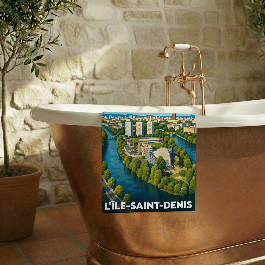 Serviette de bain souvenir de L'Île-Saint-Denis avec une illustration stylisée de la ville au bord de l'eau.