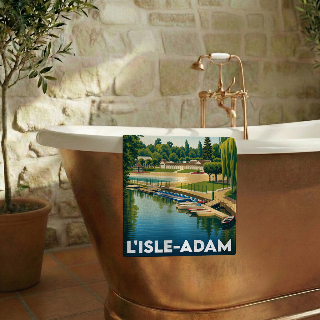 Serviette de bain souvenir de la ville de L'Isle-Adam avec une illustration stylisée de son bord de l'eau.