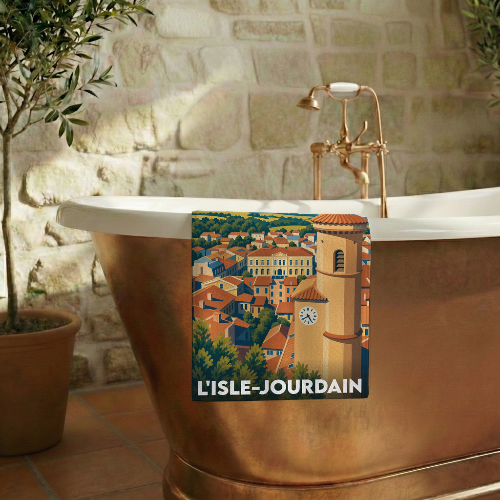 Serviette de bain souvenir de la ville de L'Isle-Jourdain avec une illustration stylisée.