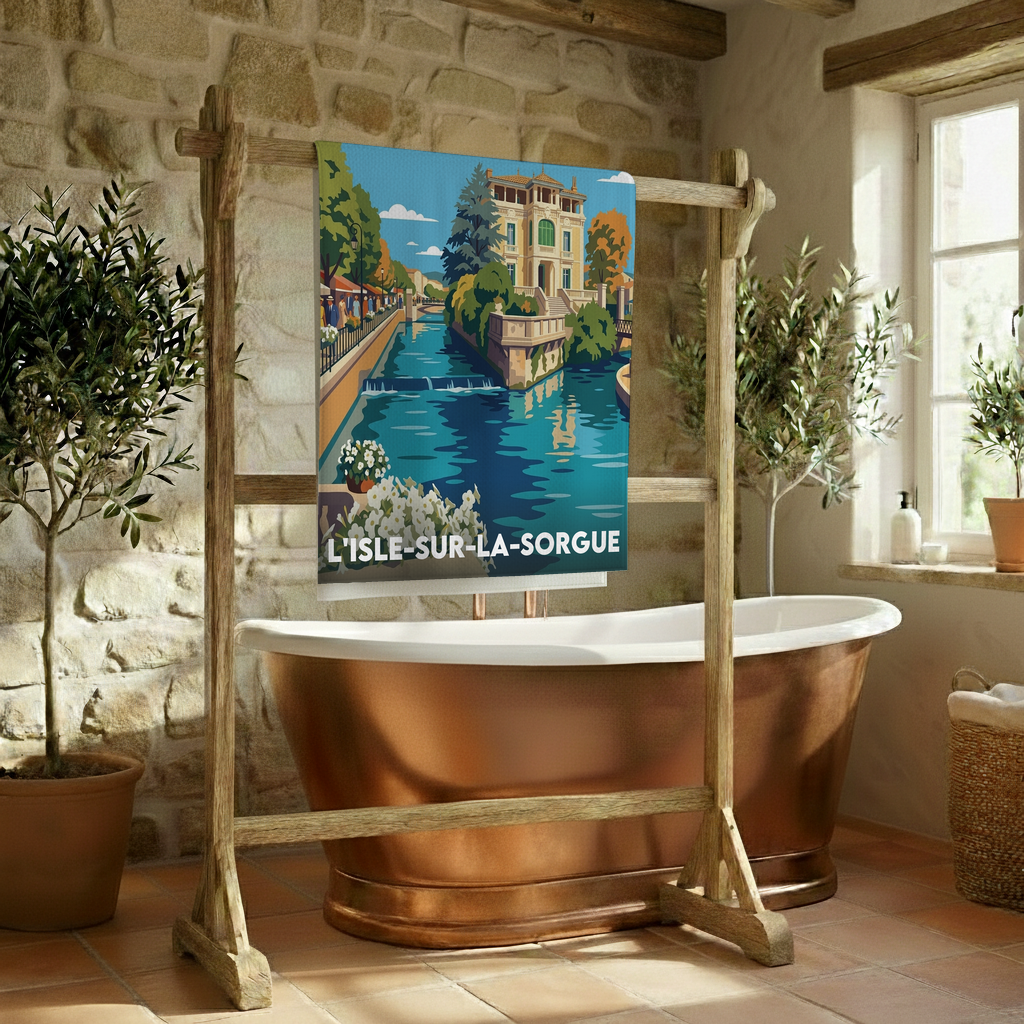 Serviette de bain souvenir de la ville de L’Isle-sur-la-Sorgue avec une illustration stylisée.