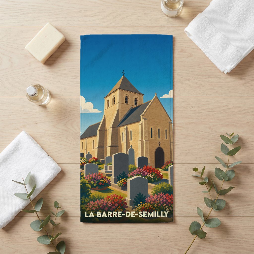 Serviette de bain souvenir de la ville de La Barre-de-Semilly avec une illustration stylisée de son église et de son cimetière fleuri.