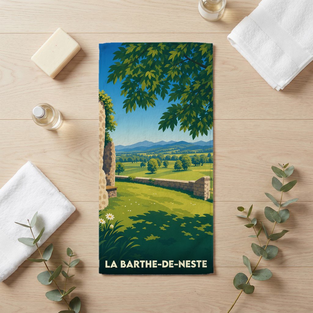 Serviette de bain souvenir de La Barthe-de-Neste ornée d'une illustration de paysage champêtre.