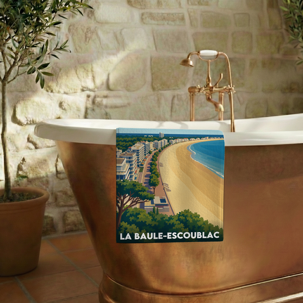 Serviette de bain souvenir de la ville de La Baule-Escoublac avec une illustration stylisée.