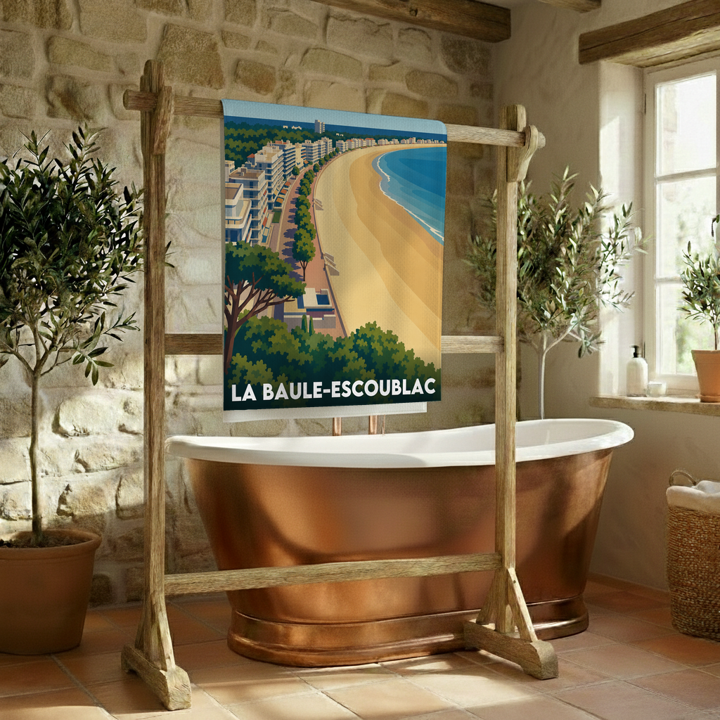 Serviette de bain souvenir de la ville de La Baule-Escoublac avec une illustration stylisée de son front de mer.