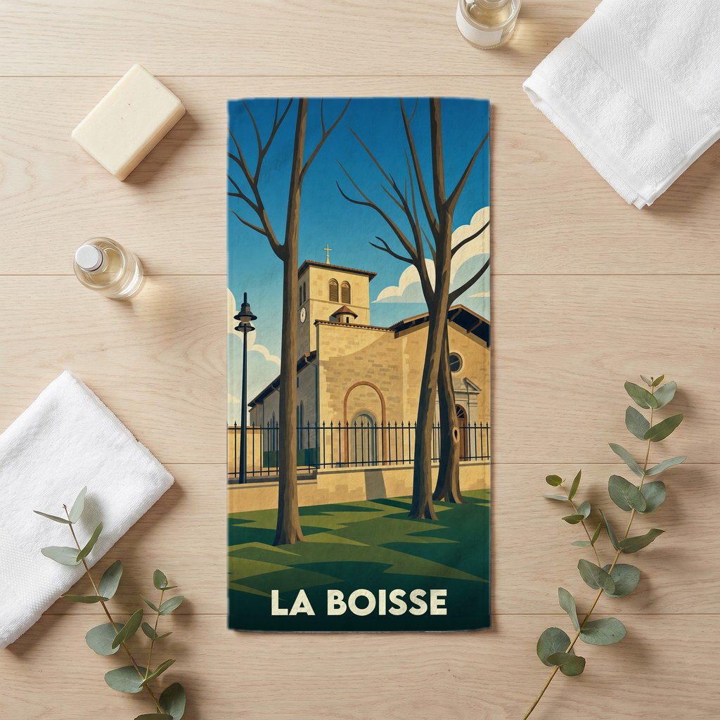Serviette de bain souvenir de la ville de La Boisse avec une illustration stylisée de son église.