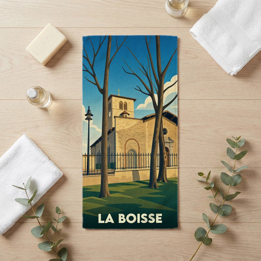 Serviette de bain souvenir de la ville de La Boisse avec une illustration stylisée de son église.