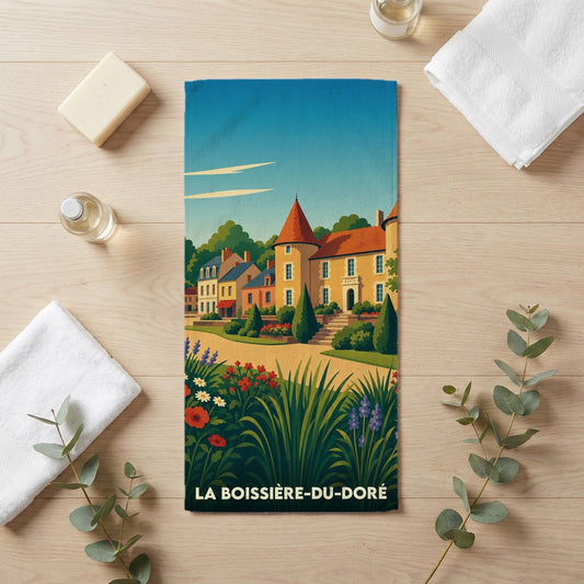 Serviette de bain souvenir de la ville de La Boissière-du-Doré avec une illustration stylisée.