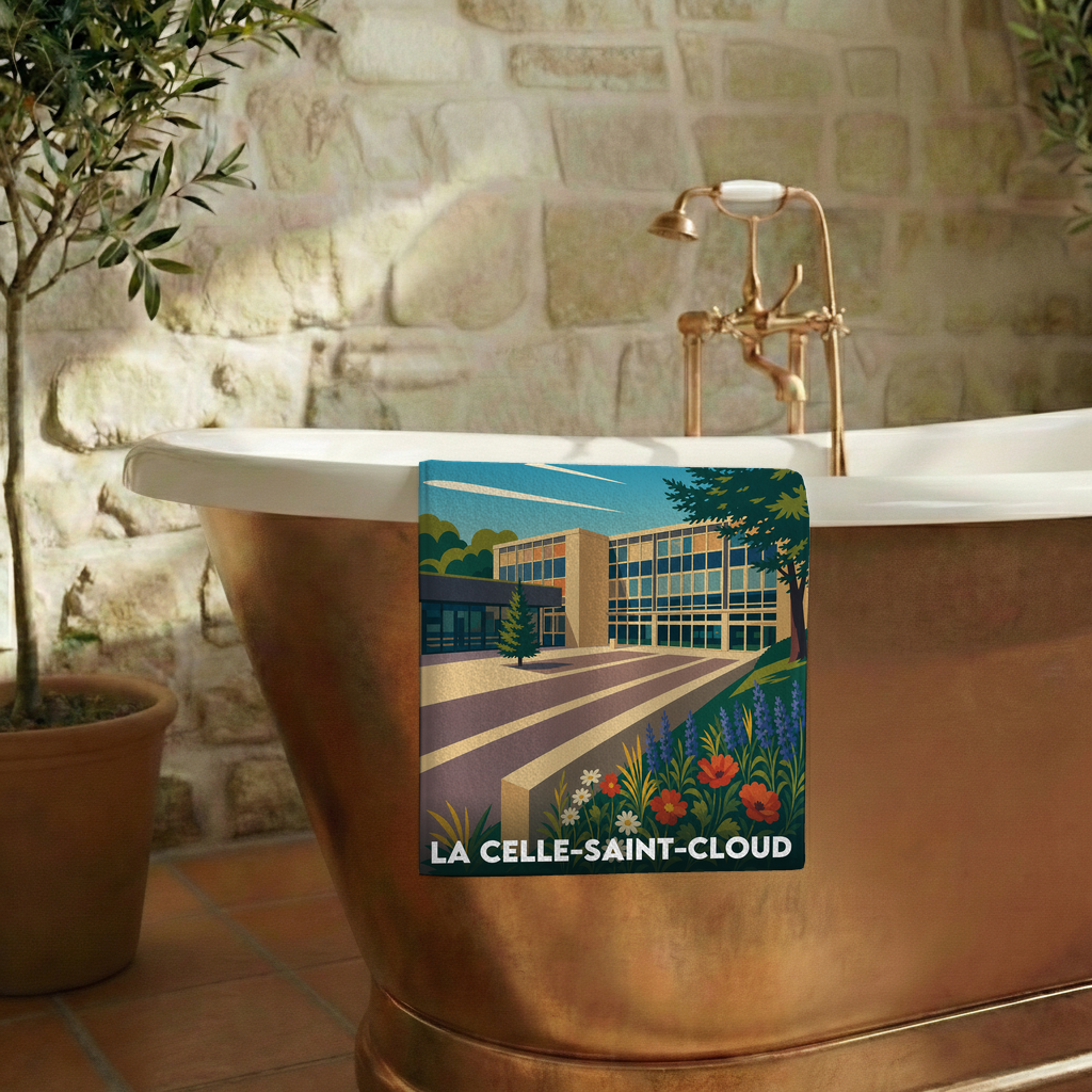 Serviette de bain souvenir de la ville de La Celle-Saint-Cloud avec une illustration stylisée.