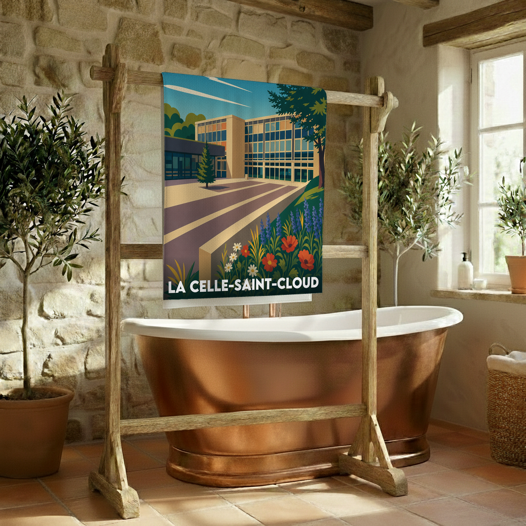 Serviette de bain souvenir de la ville de La Celle-Saint-Cloud avec une illustration stylisée.