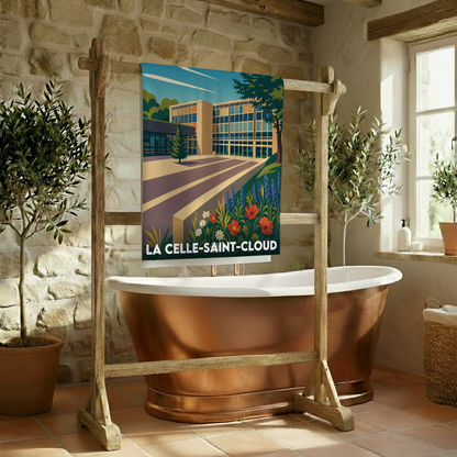 Serviette de bain souvenir de la ville de La Celle-Saint-Cloud avec une illustration stylisée.